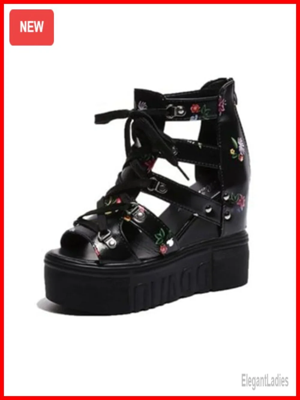Floral Wedge Platform Sandals Gladiator Peep Toe Chunky Hidden High Heel Lace